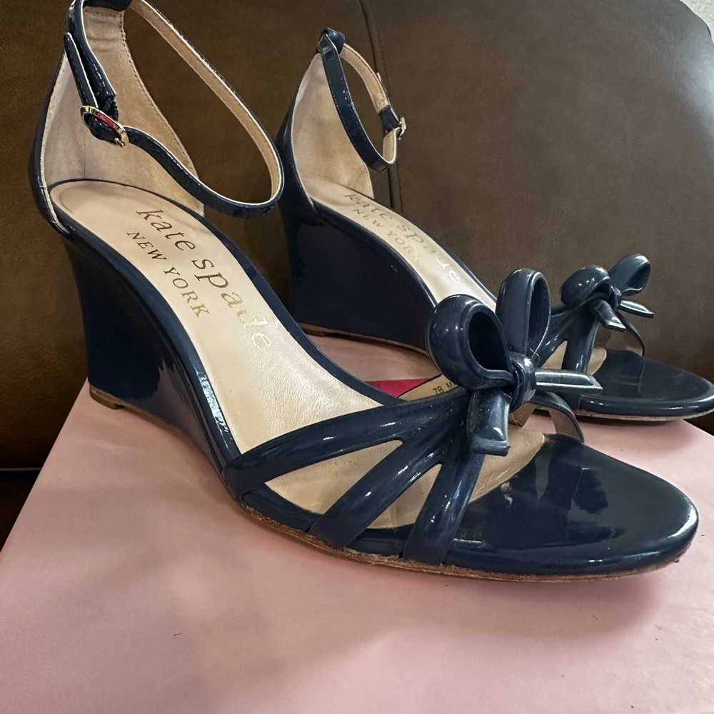 Kate Spade Flamenco Dark Blue Wedge Sandals with Bow